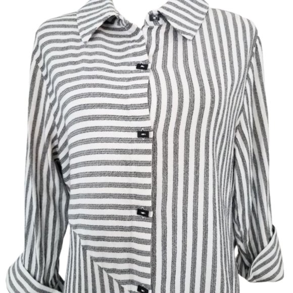 SOFT SURROUNDINGS Gray & White Striped Button-Down Blouse Women's L - Picture 3 of 5